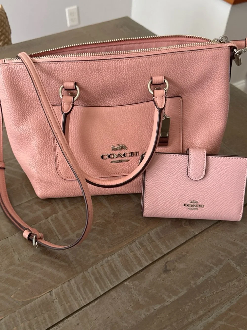COACH Pink Pebbled Leather Satchel with Matching Wallet
